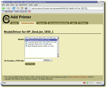 CUPS Driver Selection Web Page